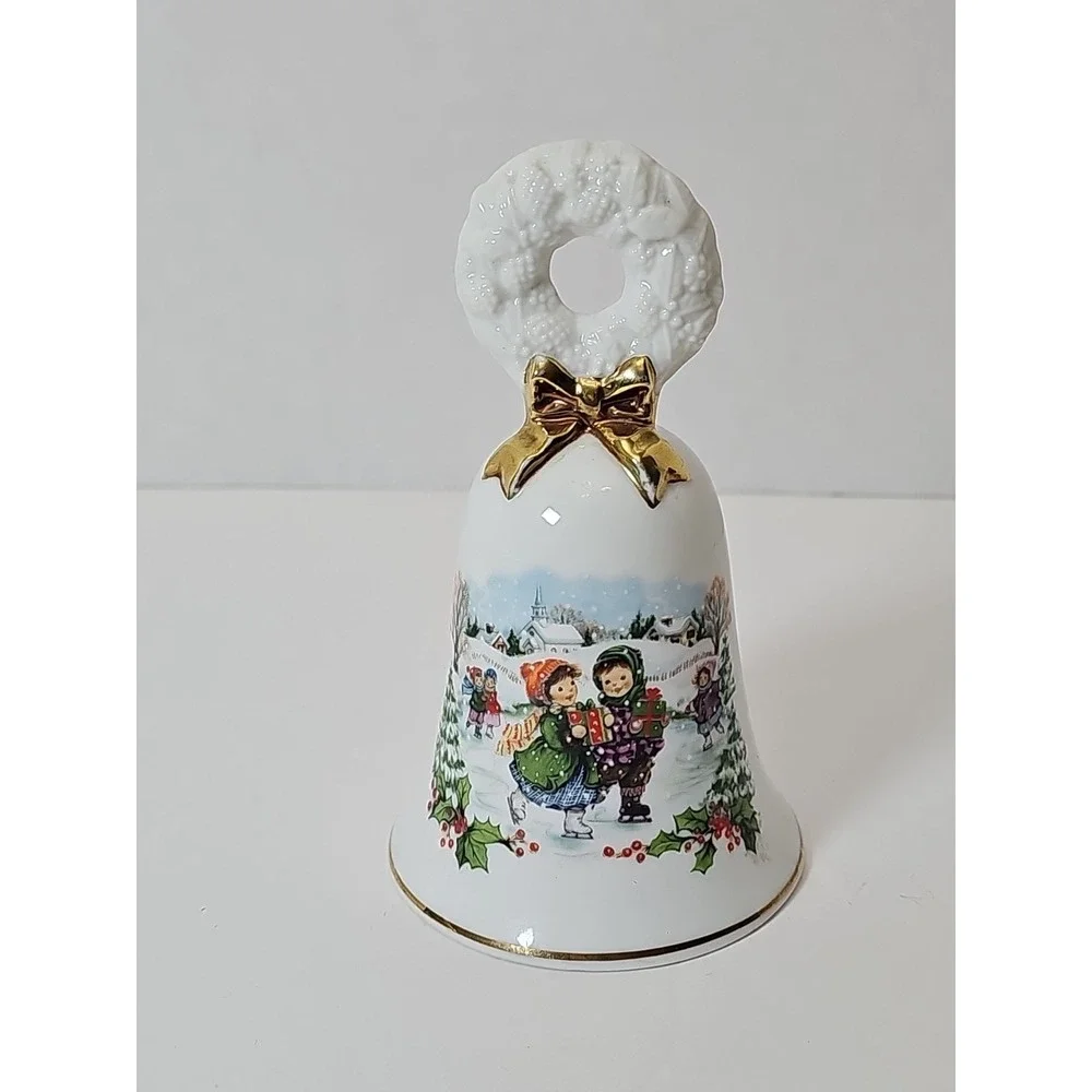 Avon 1986 Christmas Hand Bell‎ Ornament Decoration Kids Ice Skating